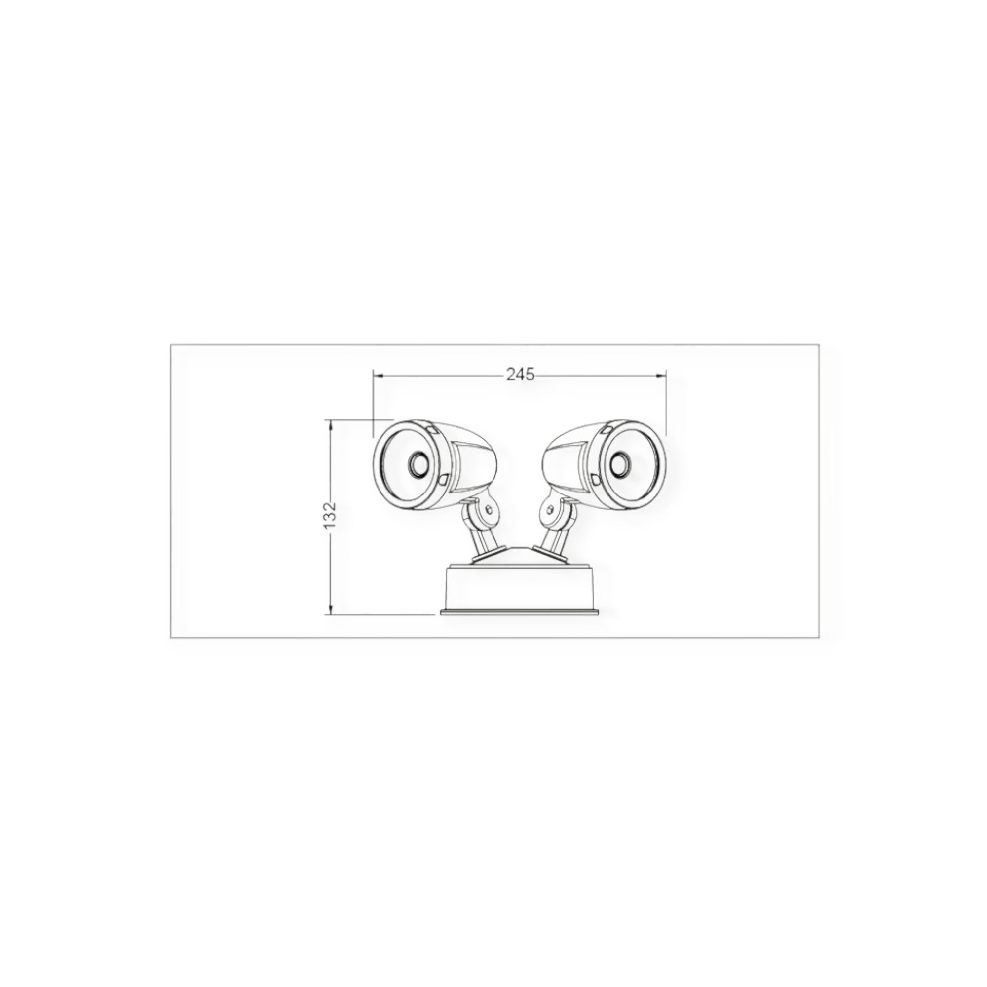 Technical drawing of a double spotlight with dimensions on a white background