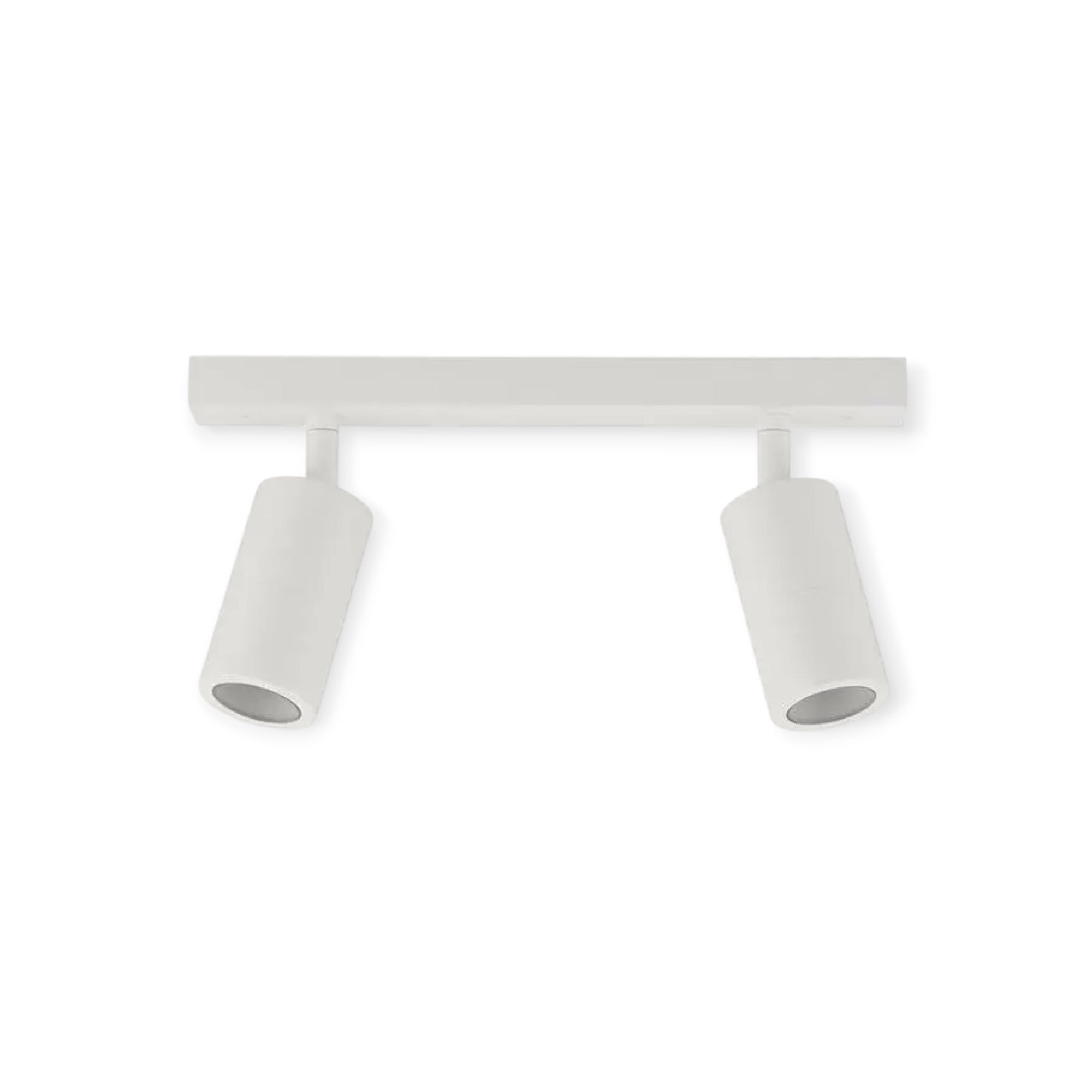 White ceiling light fixture with two cylindrical lights on a white background