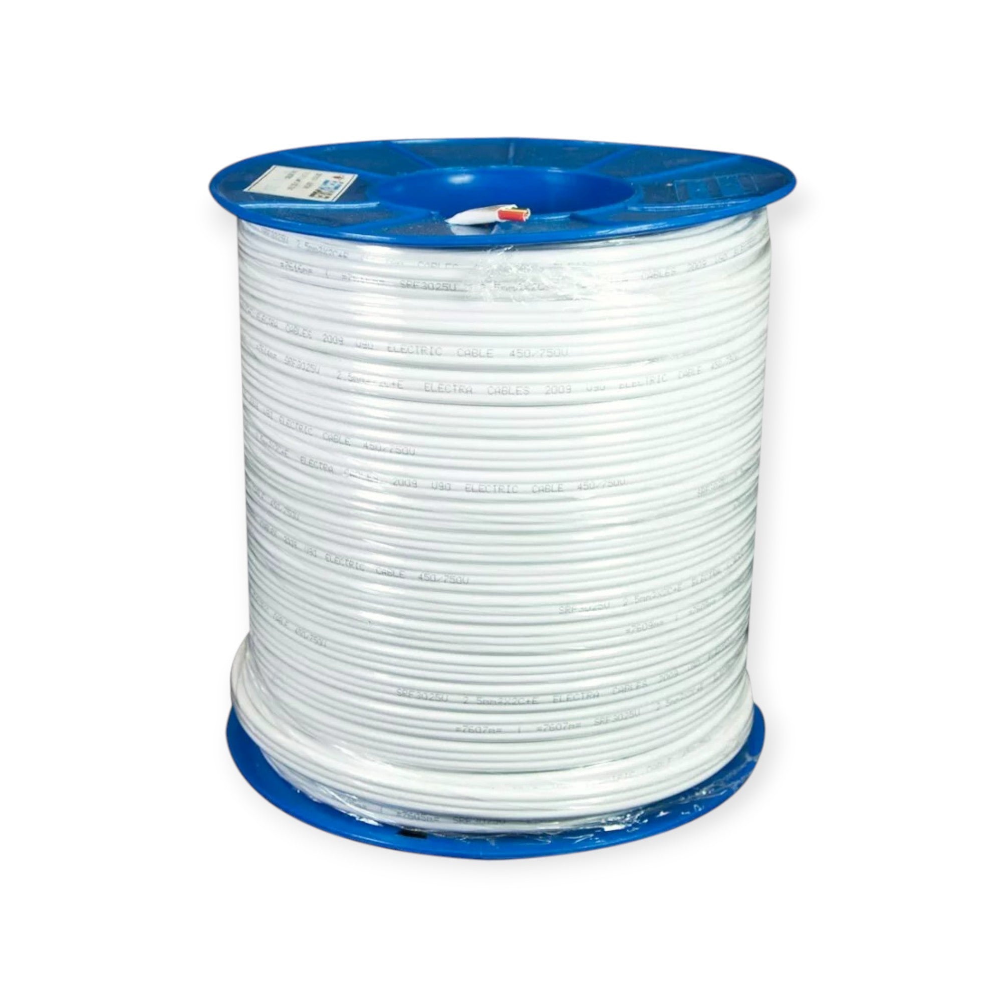 A spool of white 1.5mm twin and earth electrical cable on a blue reel.