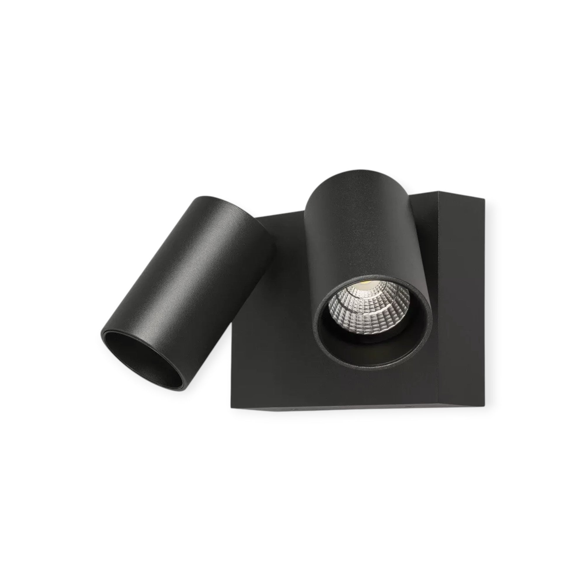 Black square ceiling light fixture with two cylindrical lamps on a white background
