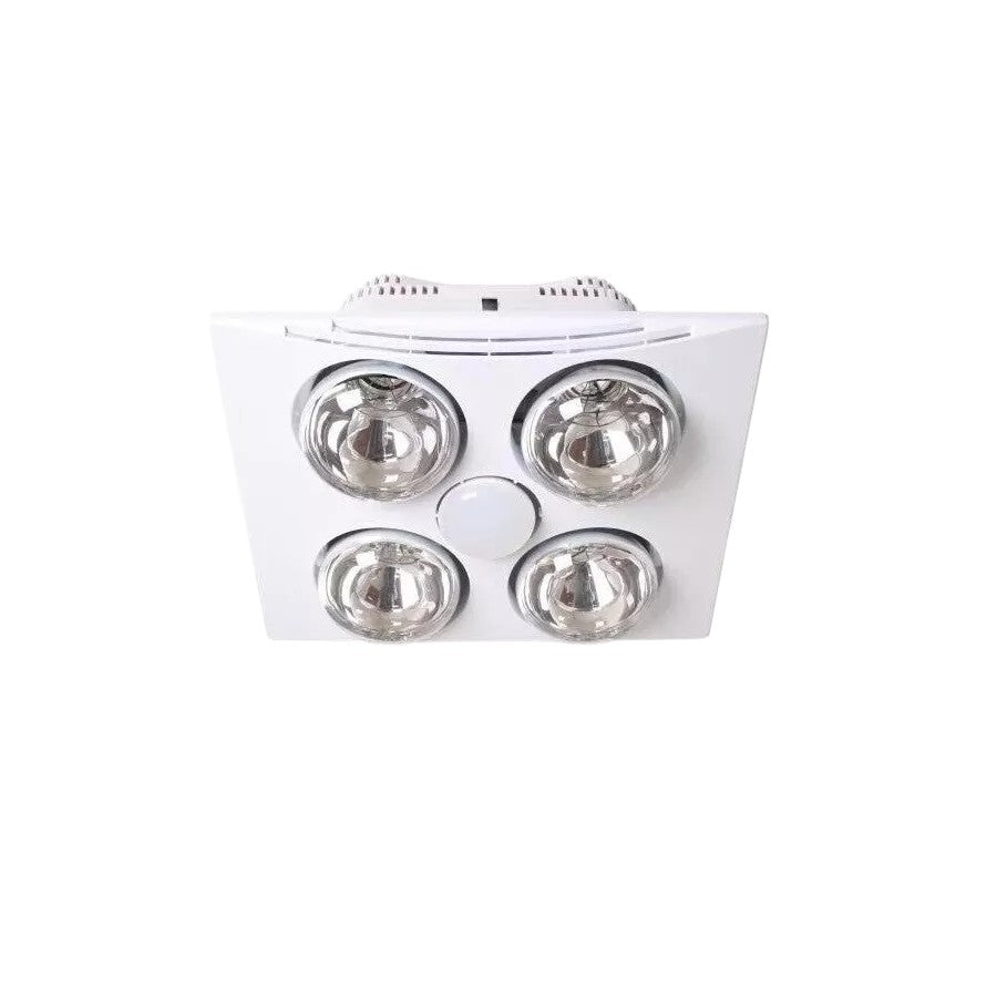 Two white bathroom heater exhaust fans with light, one with 3 lights and the other with 4 lights.