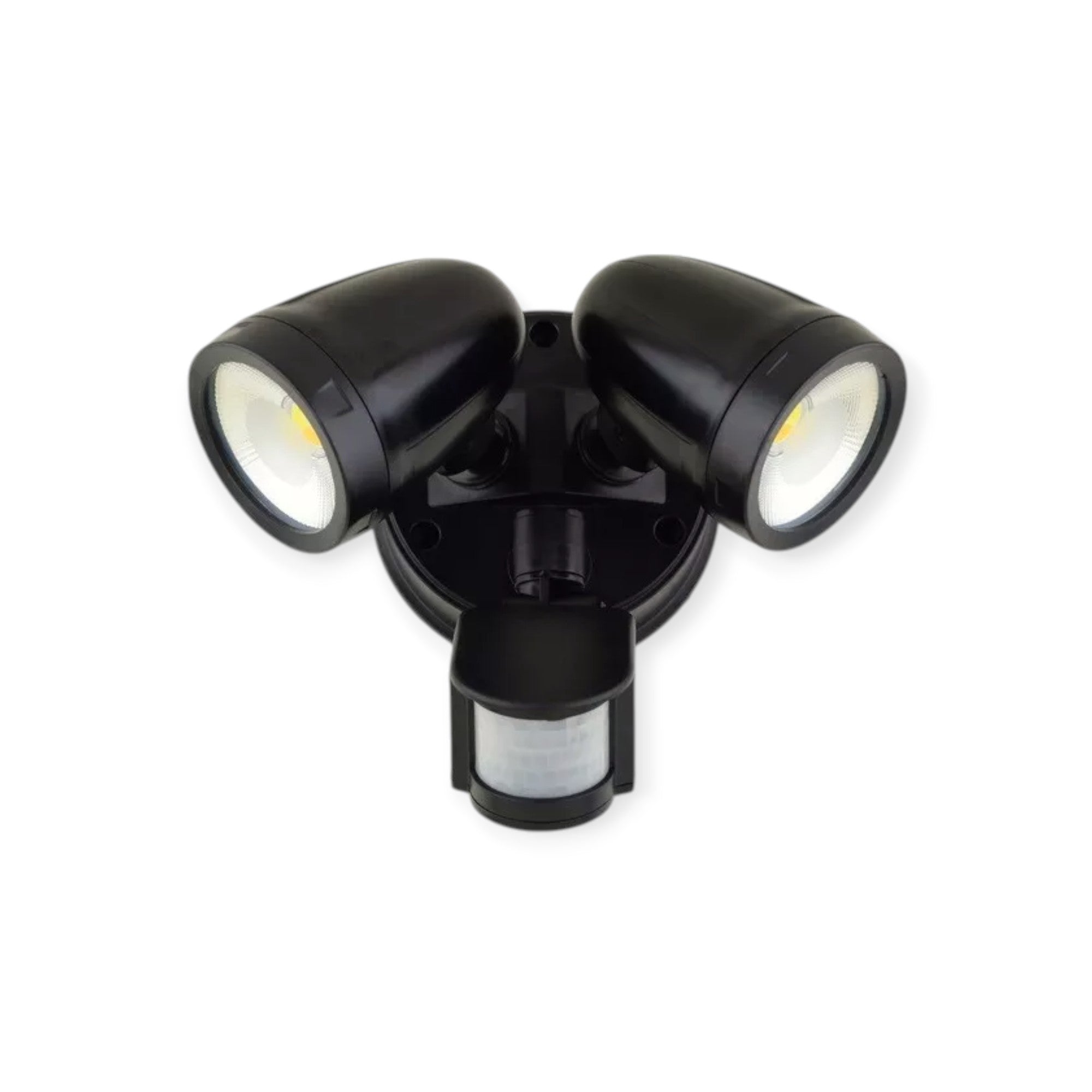 Black outdoor security light with three LED lights on a white background