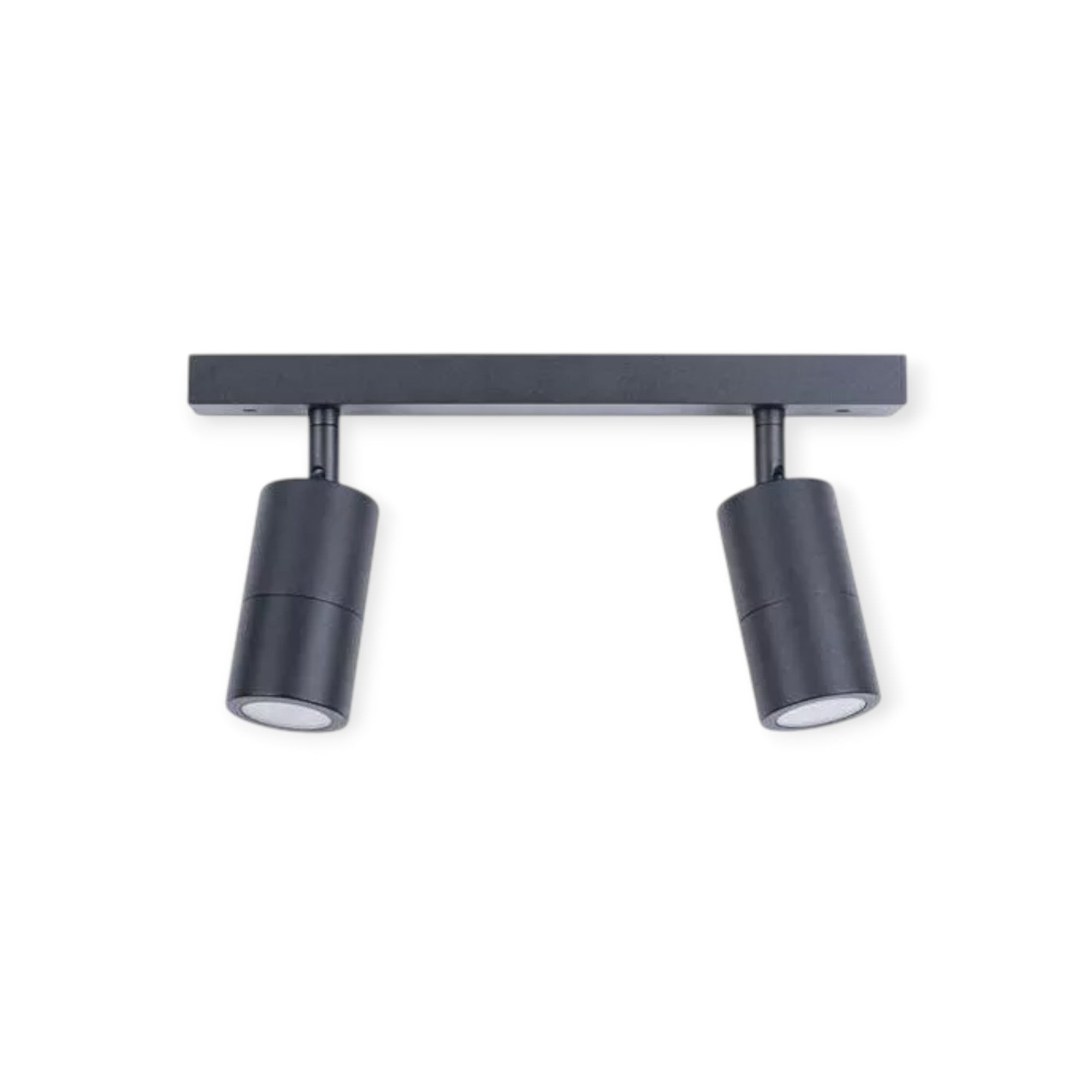 Black ceiling light fixture with two cylindrical lights on a white background