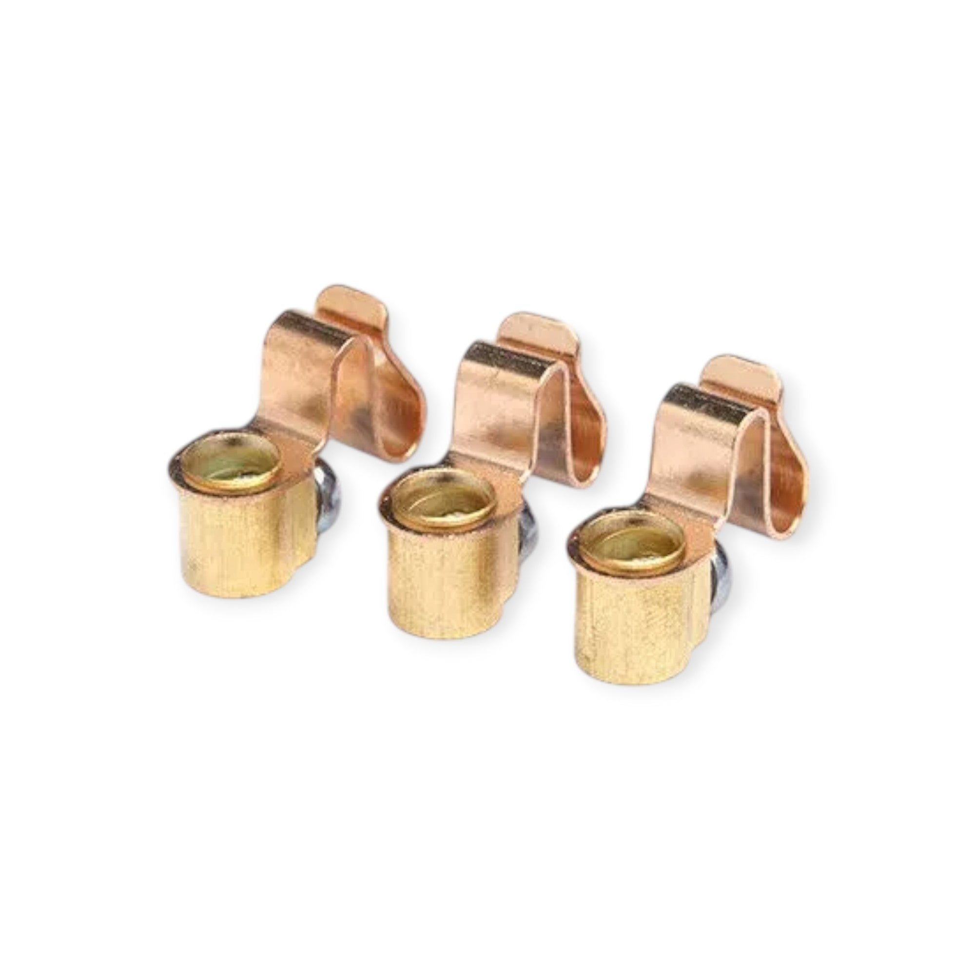 Set of four rose gold earring clips on a white background