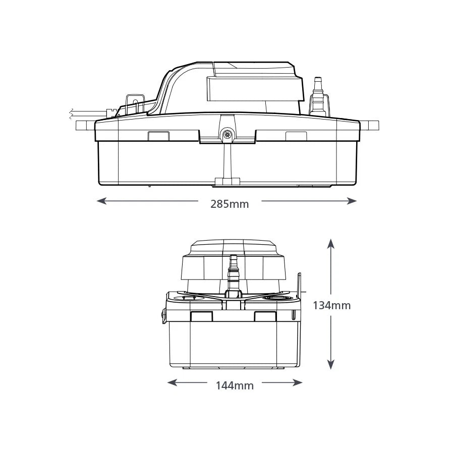 Technical drawing of a cylindrical device with dimensions labeled