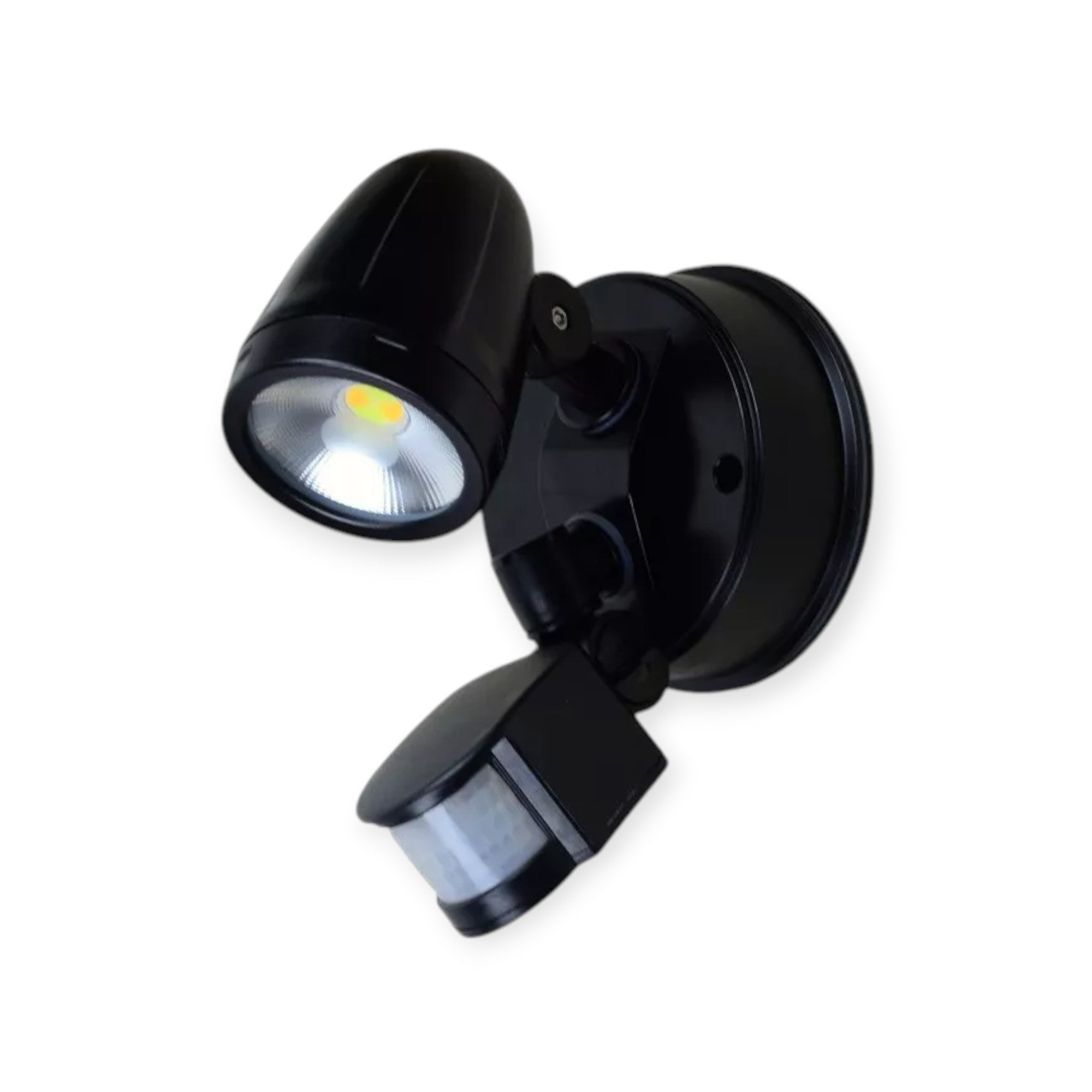 Black outdoor security light with motion sensor on a white background