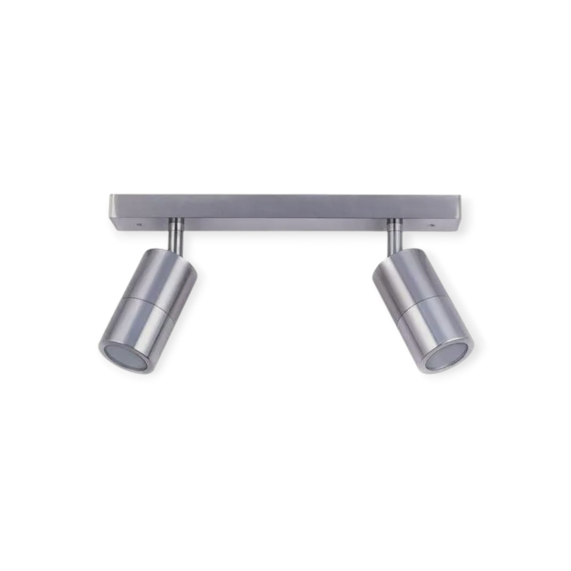 Two cylindrical silver spotlights on a white background