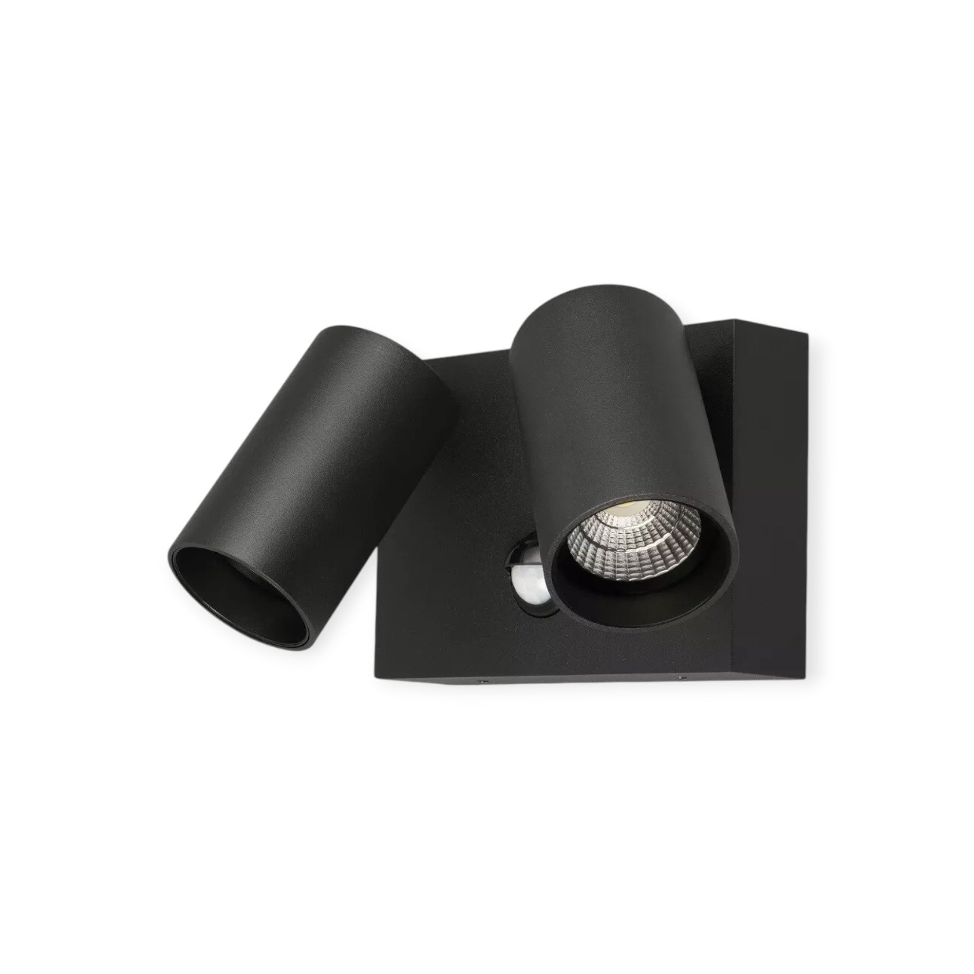 Black wall-mounted light fixture on a white background
