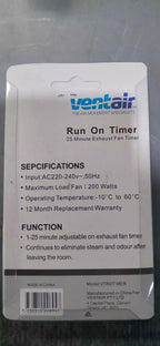 Ventair Exhaust Fan Run On Timer 1 to 25 minute adjustable -VTROTIMER - 200W