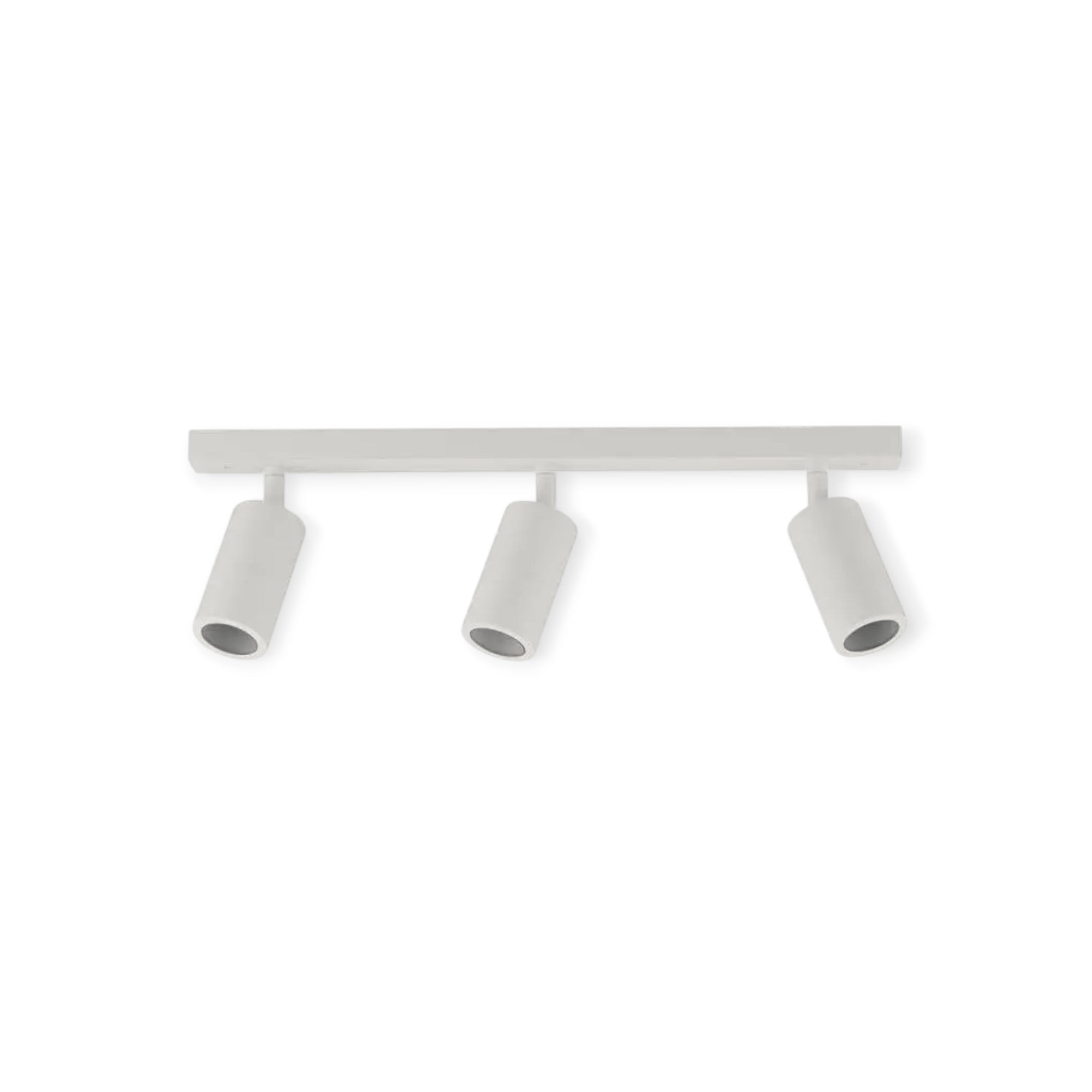 White ceiling light fixture with three cylindrical lights on a white background
