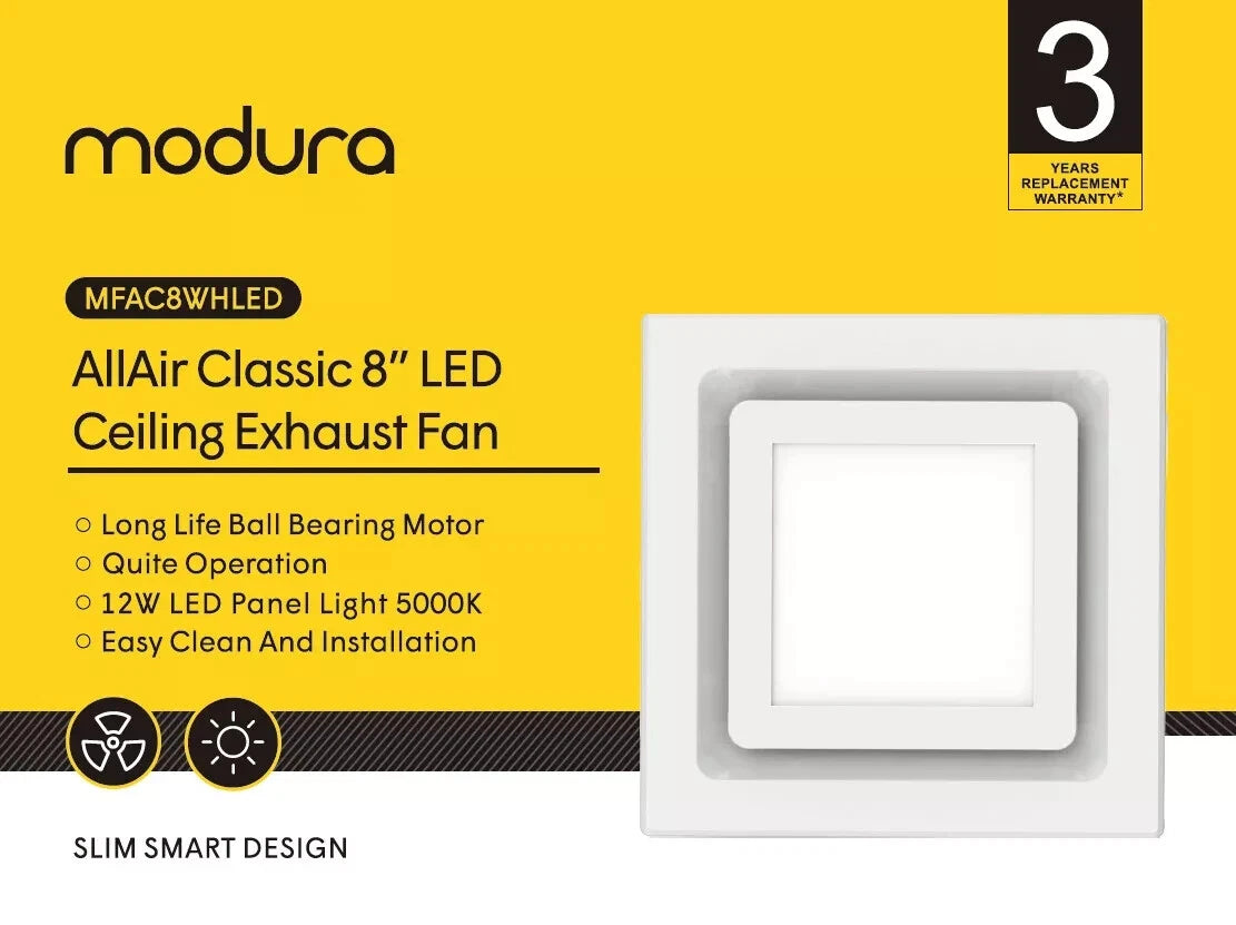 Modura AllAir 8" 250mm Square Ceiling Mount Duct Exhaust Fan with 12W LED 5000