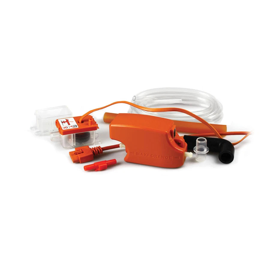 Orange electronic device with clear tubing on a white background
