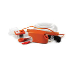 Orange electronic device with clear tubing on a white background