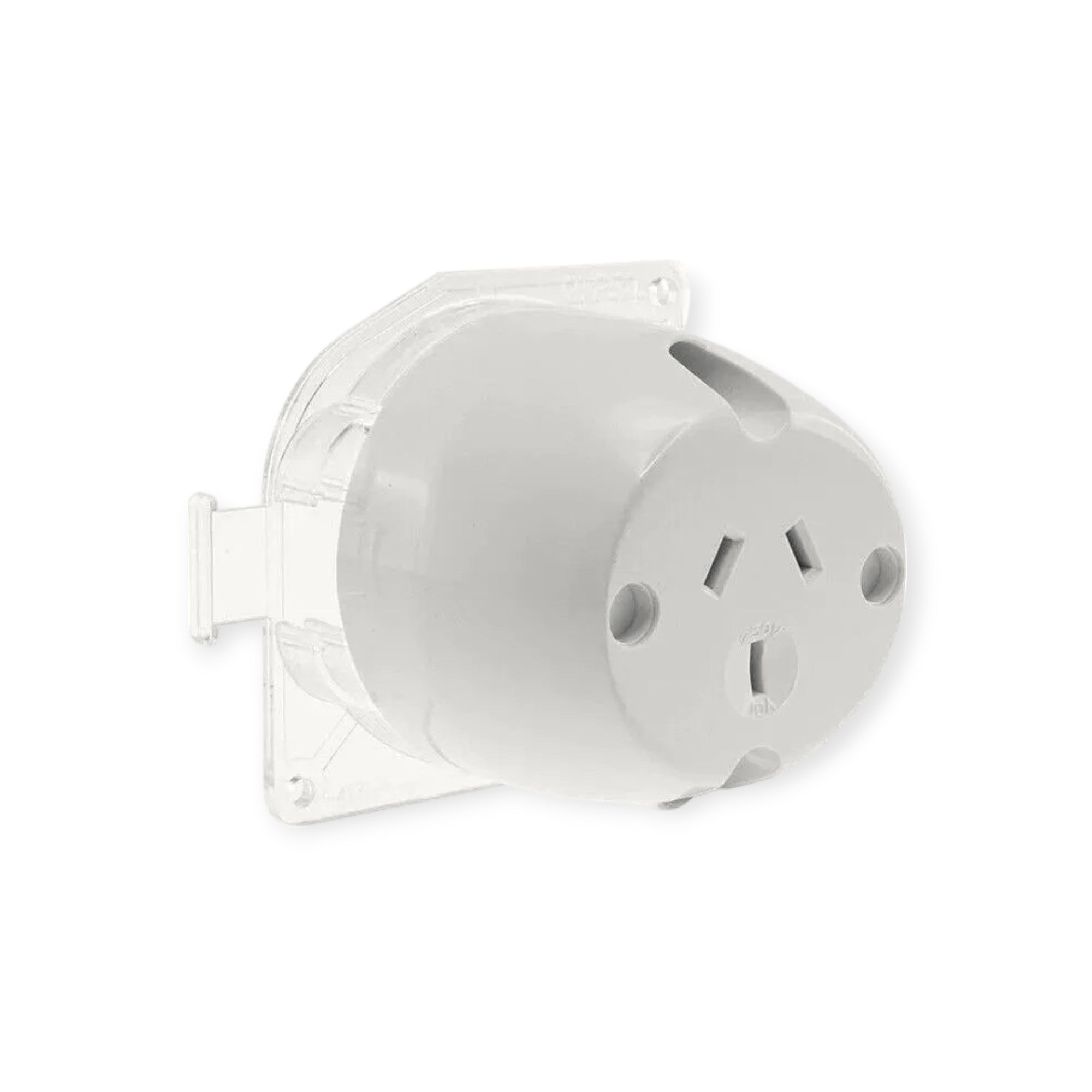 A white surface socket plug base designed for downlight fan sockets, with a 10A electrical outlet.