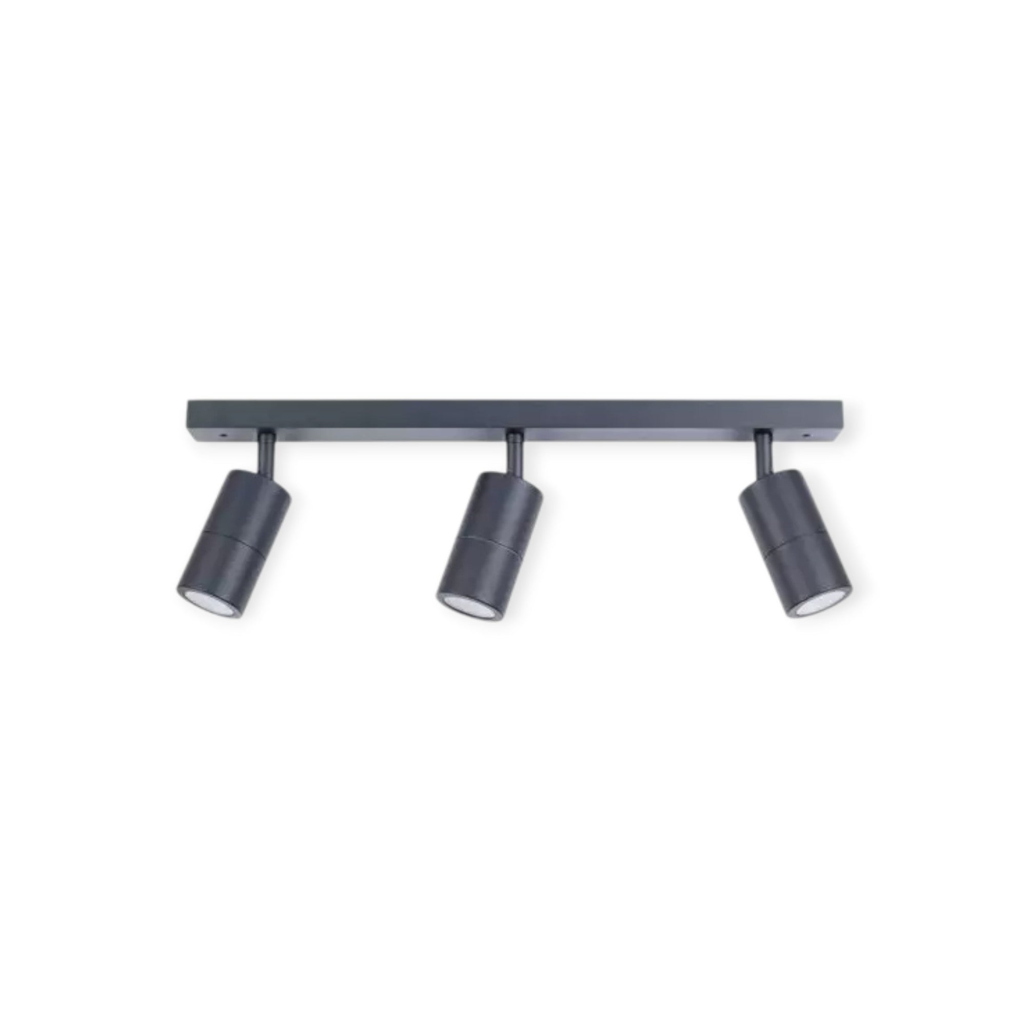 Black three-light track light fixture on a white background