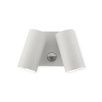 White outdoor wall light fixture with motion sensor on a white background