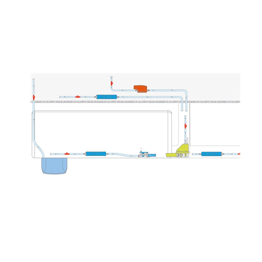 Diagram of a water treatment system with various components on a white background