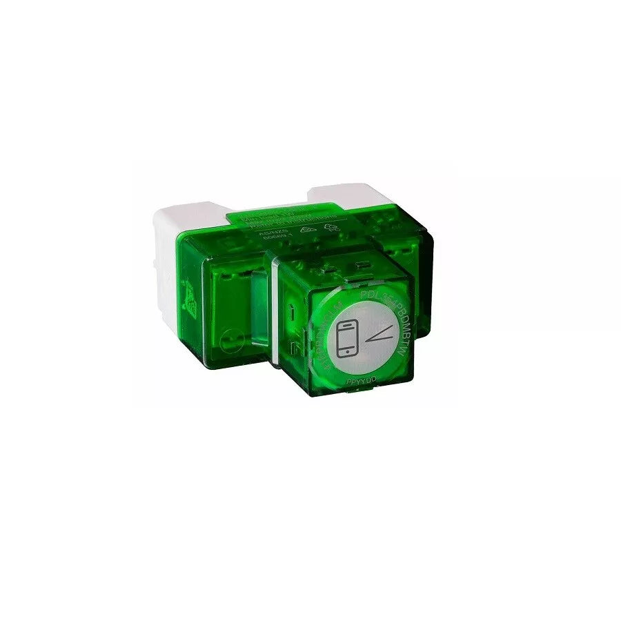 Two green electronic modules on a white background