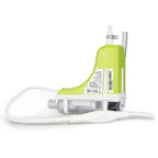 Green and white electronic device with a cable on a white background