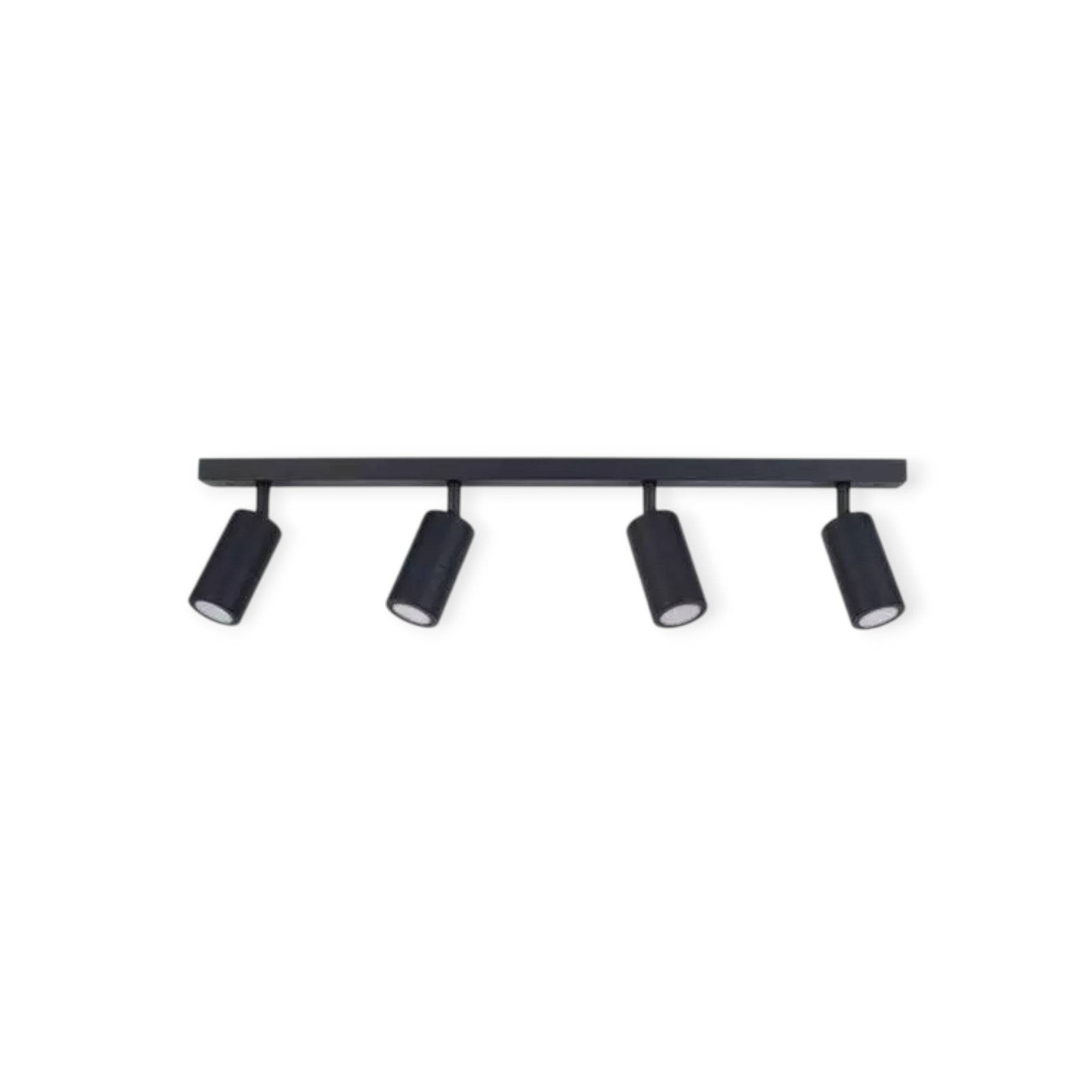 Black track light fixture with four cylindrical lights on a white background