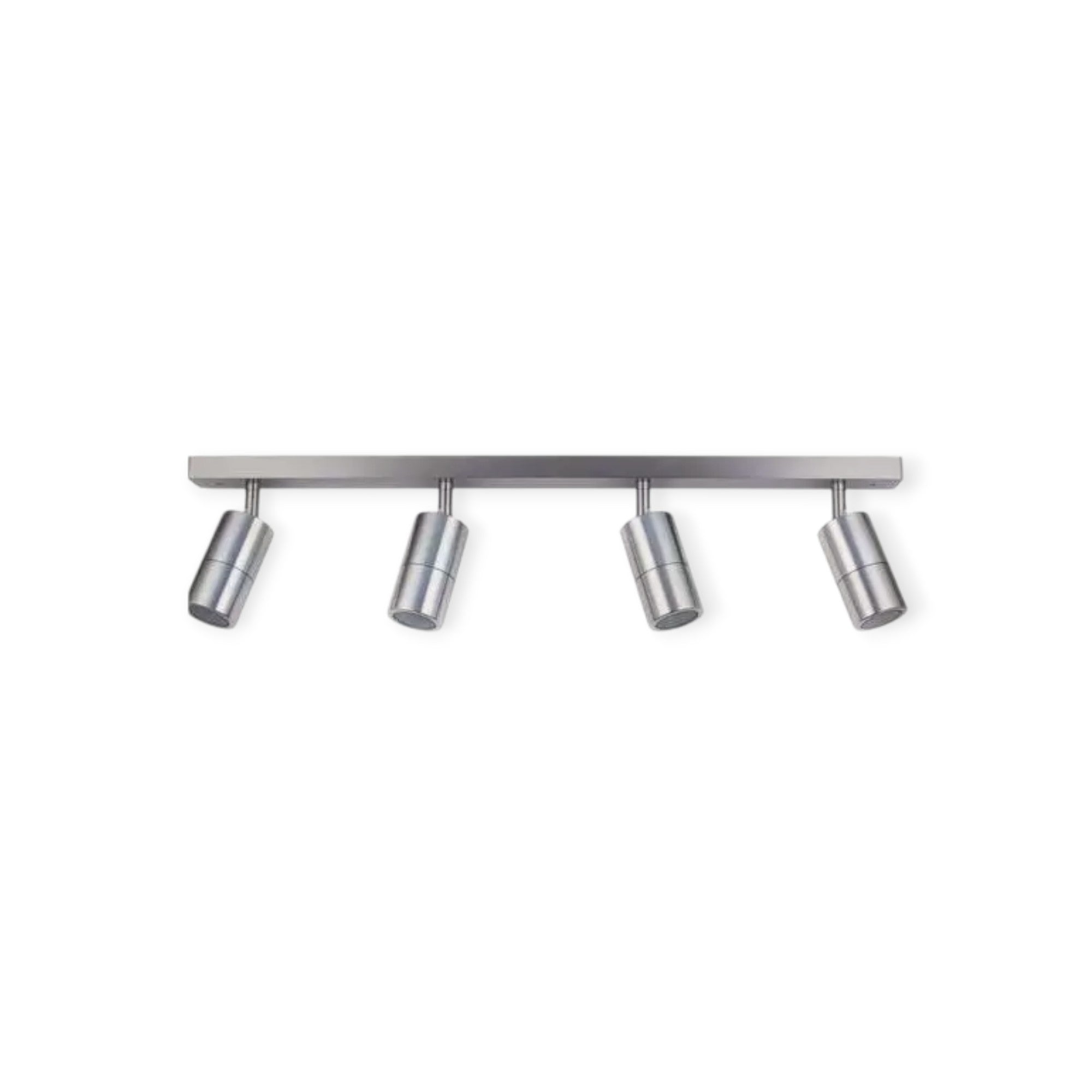 Metallic ceiling light fixture with four cylindrical lights on a white background