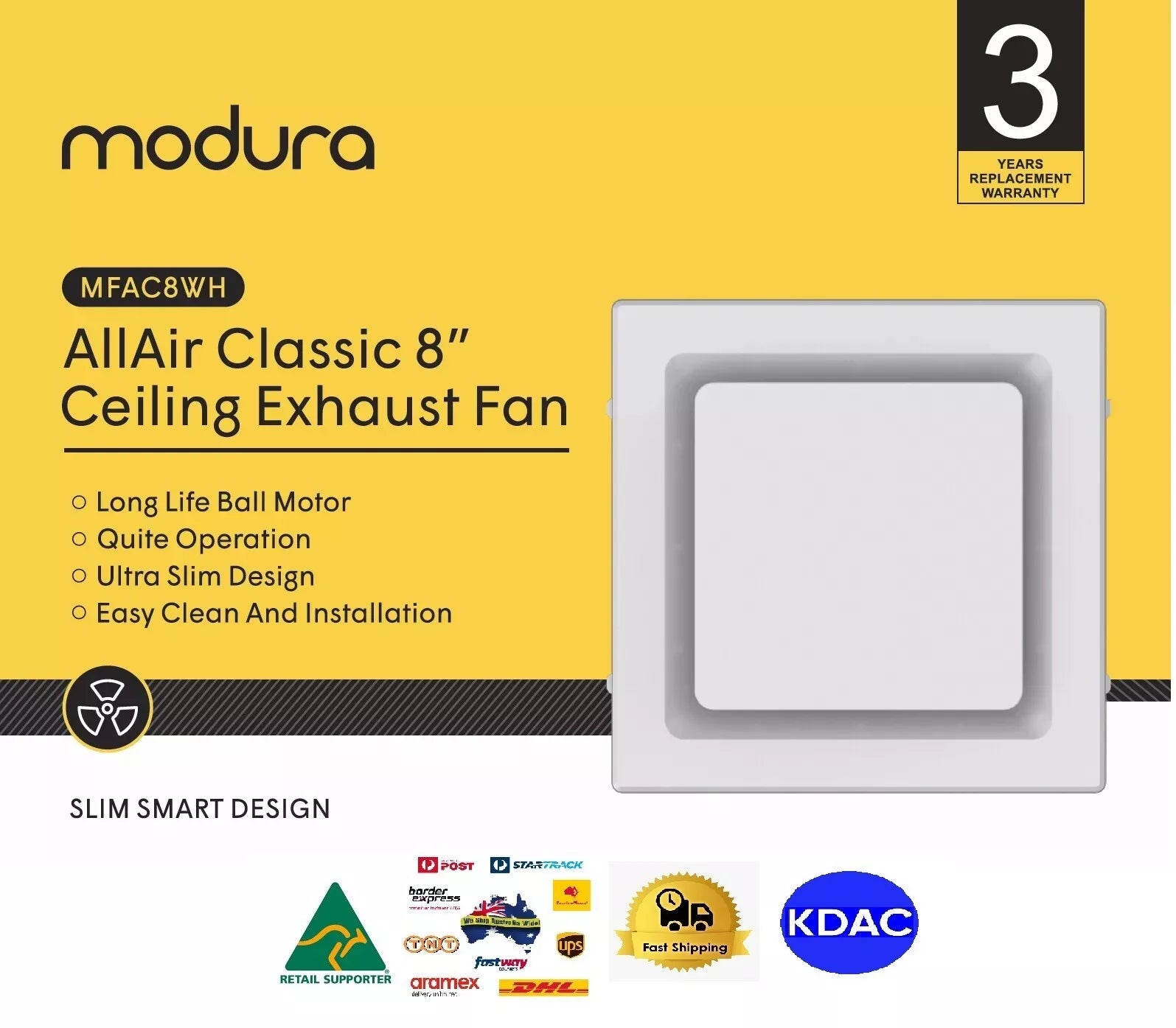 Modura AllAir Classic 8" 250mm Square Ceiling Mounted Duct Exhaust Fan Bathroom