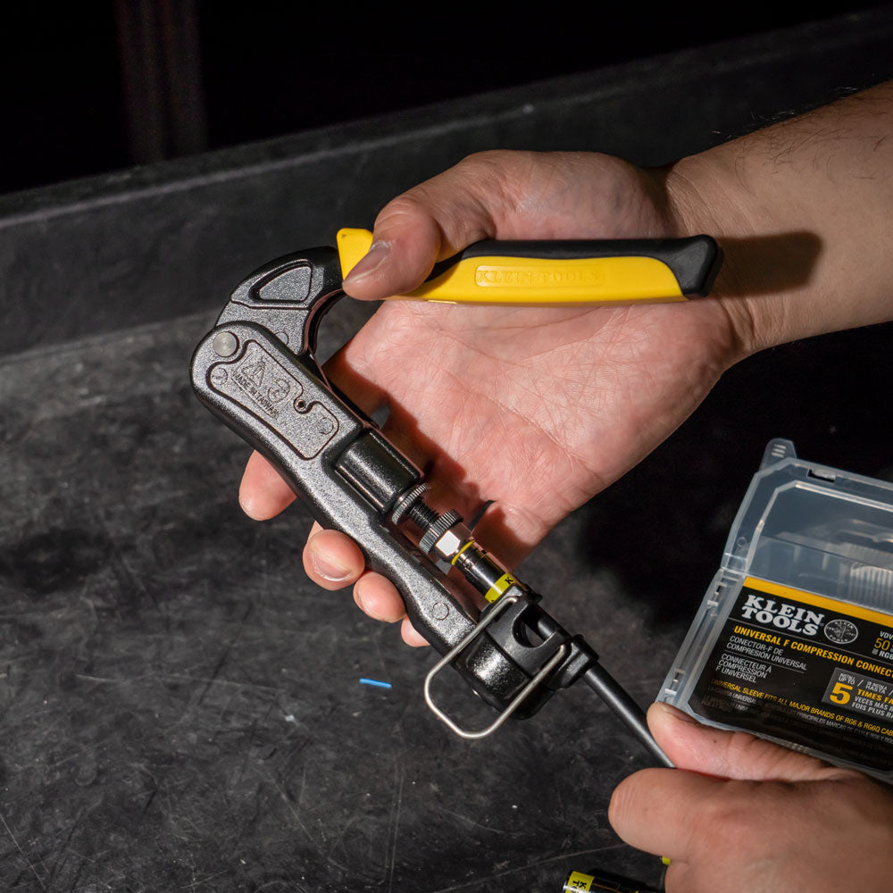 Person using a crimping tool with a close-up of the tool and packaging on a dark surface.