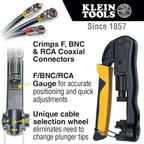 Klein Tools coaxial connector crimper with text highlighting features on a white background