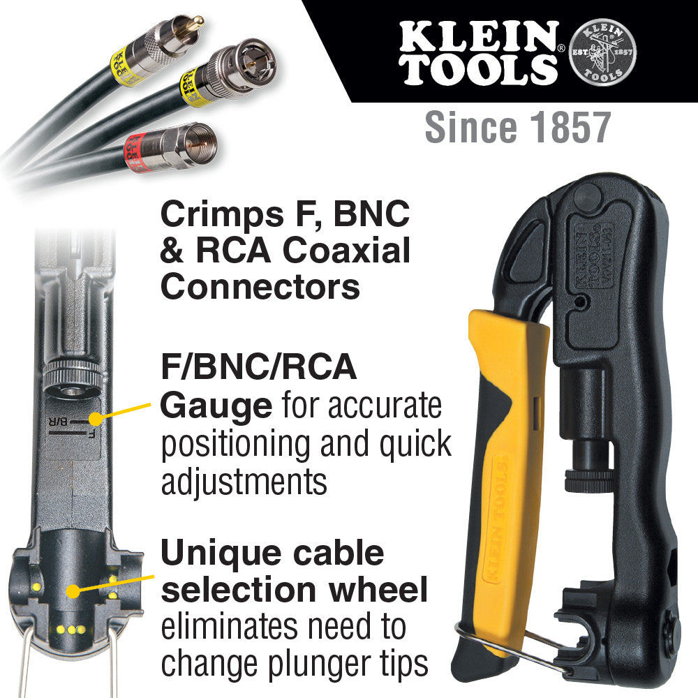 Klein Tools coaxial connector crimper with text highlighting features on a white background