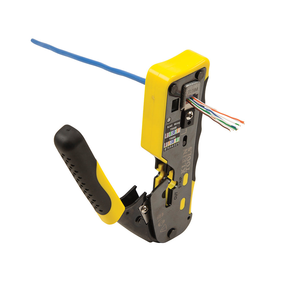 Klein Tools VDV226-110 Ratcheting Modular Crimper – Strip, Cut & Crimp Pass-Thru Connectors