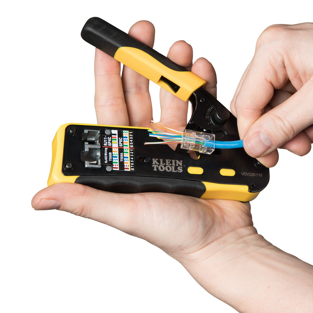 Klein Tools VDV226-110 Ratcheting Modular Crimper – Strip, Cut & Crimp Pass-Thru Connectors