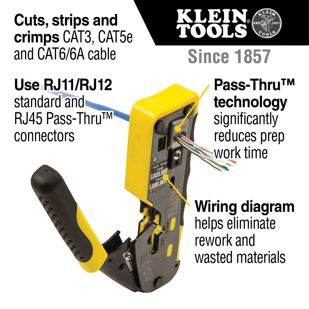 Klein Tools VDV226-110 Ratcheting Modular Crimper – Strip, Cut & Crimp Pass-Thru Connectors