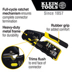 Klein Tools VDV226-110 Ratcheting Modular Crimper – Strip, Cut & Crimp Pass-Thru Connectors