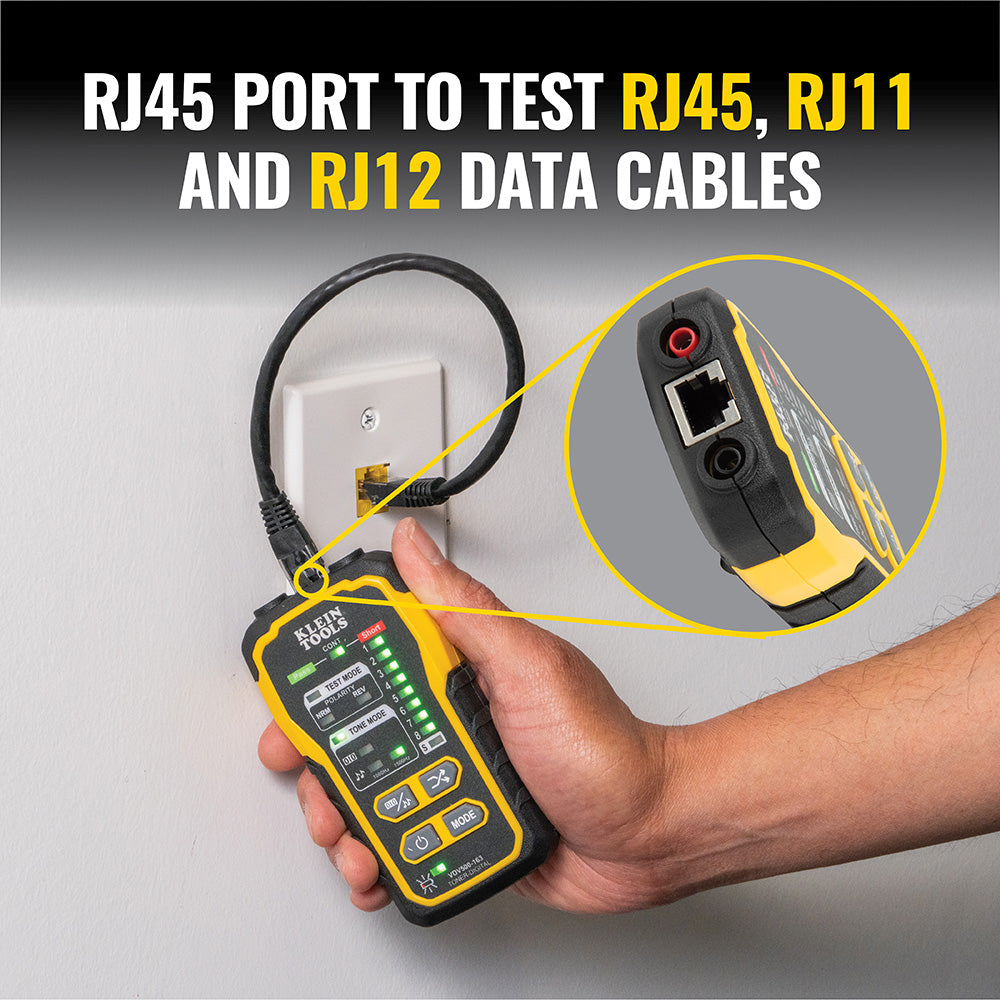 Hand holding a network cable tester with text indicating it tests RJ45, RJ11, and RJ12 cables.