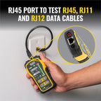 Hand holding a network cable tester with text indicating it tests RJ45, RJ11, and RJ12 cables.