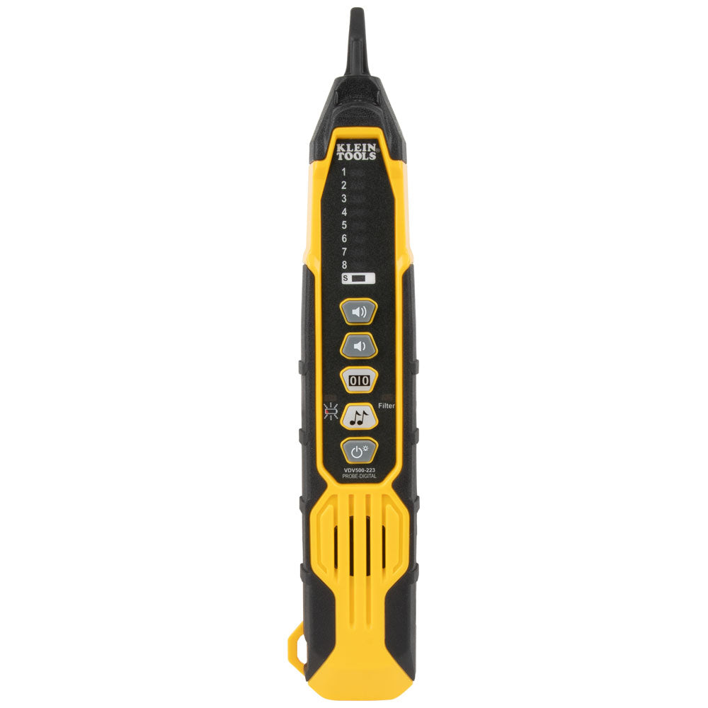 Yellow and black Klein Tools electrical tester on a white background