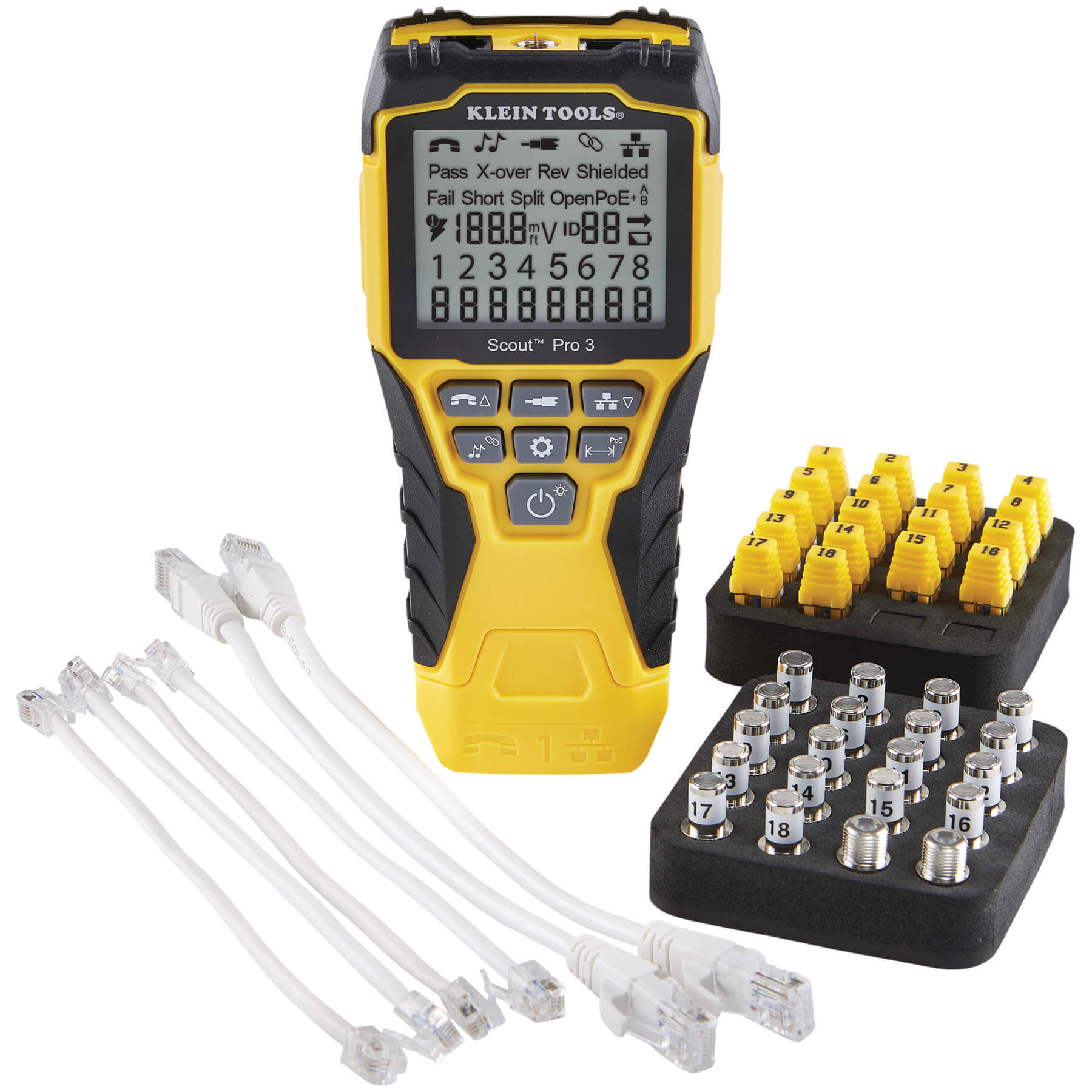Klein Tools electronic testing device with accessories on a white background