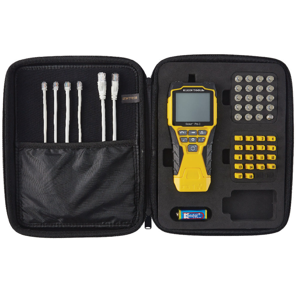 Yellow and black device with cables in an open black case on a white background