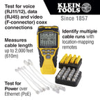 Klein Tools cable tester with accessories on a white background
