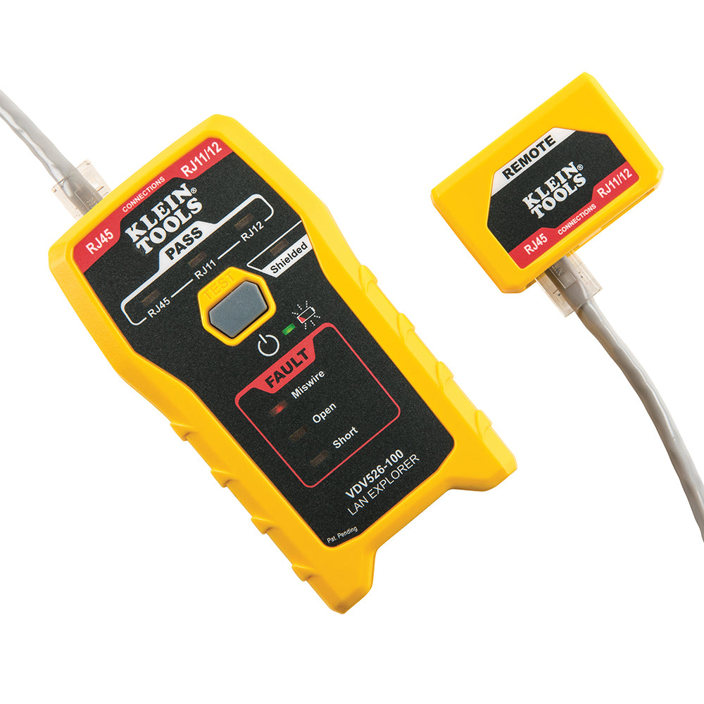 Klein Tools network cable tester with remote on a white background