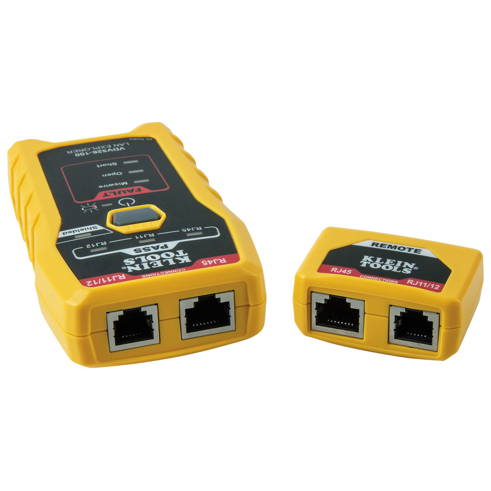 Two yellow network cable testers with RJ45 connectors on a white background
