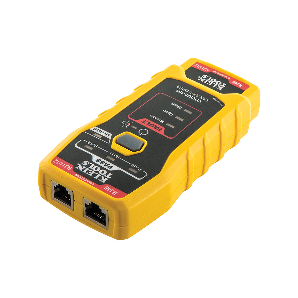 Yellow network cable tester with brand logo on a white background