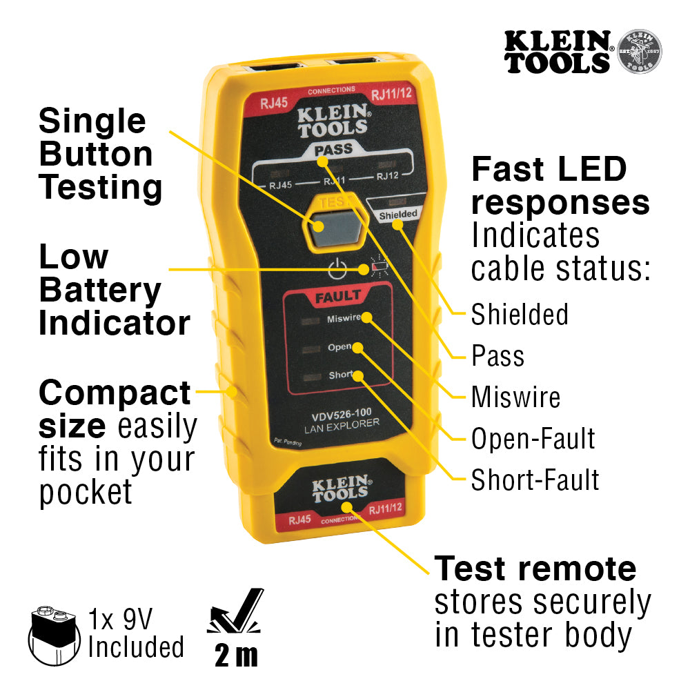 Klein Tools cable tester with features highlighted on a white background