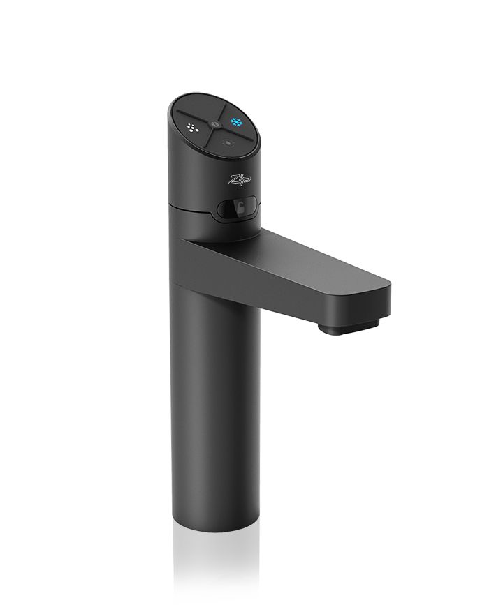 Black faucet with digital display on a white background