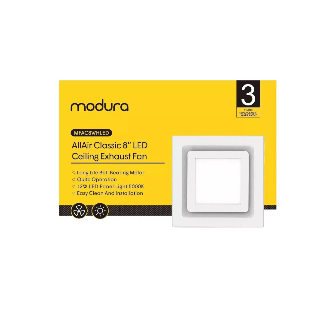 Modura AllAir 8" 250mm Square Ceiling Mount Duct Exhaust Fan with 12W LED 5000
