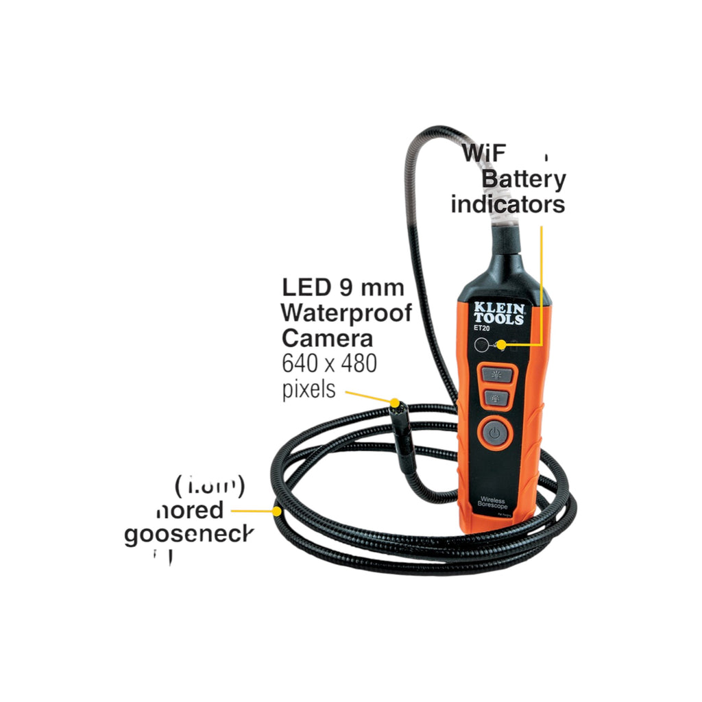 Klein Tools waterproof camera with labeled features on a white background
