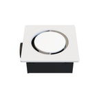 Square recessed light fixture with a white square housing and black base on a white background