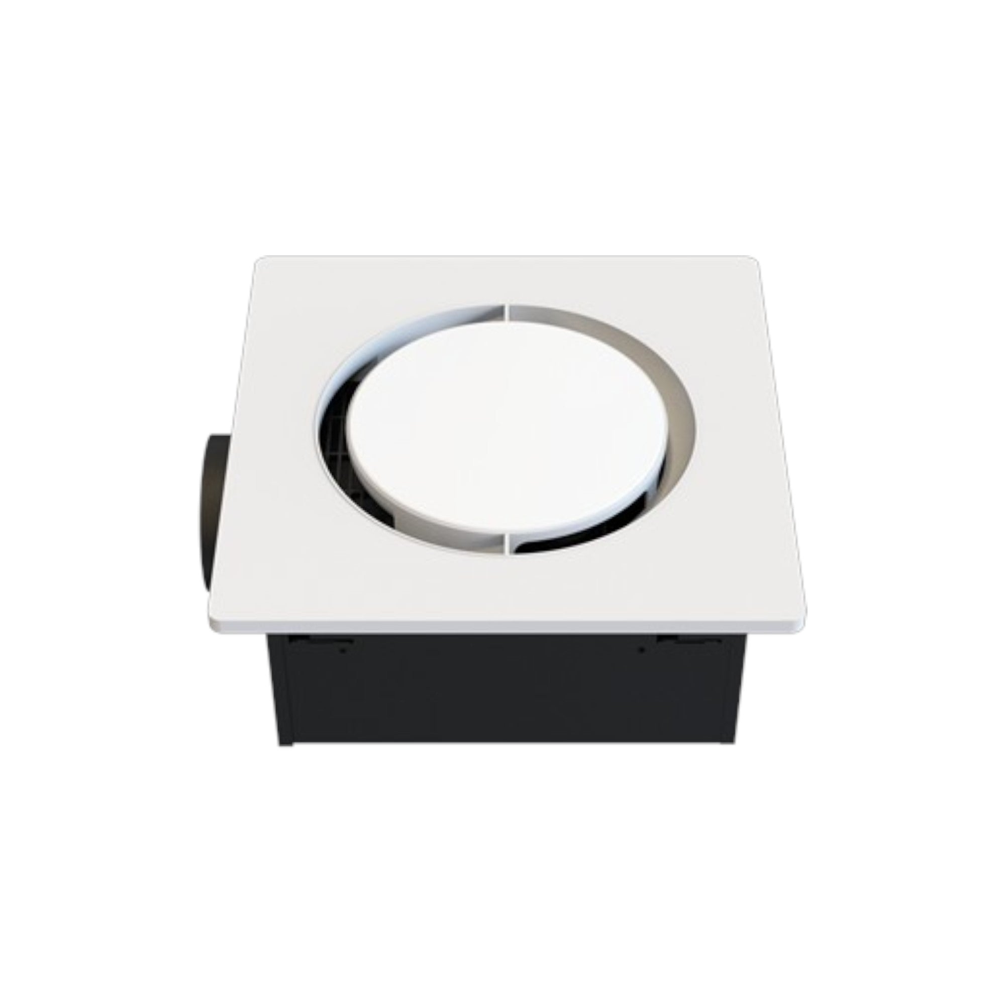 Square recessed light fixture with a white square housing and black base on a white background