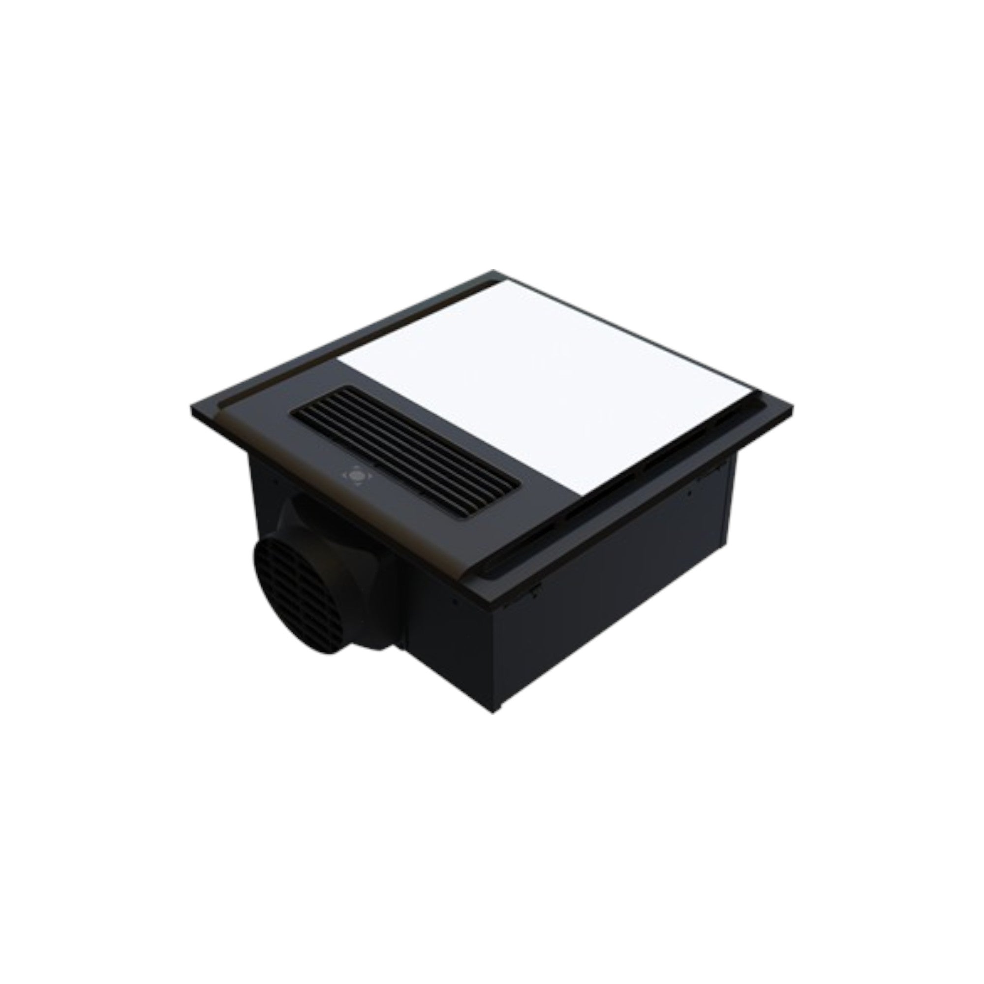 Black rectangular vent with a white cover on a white background