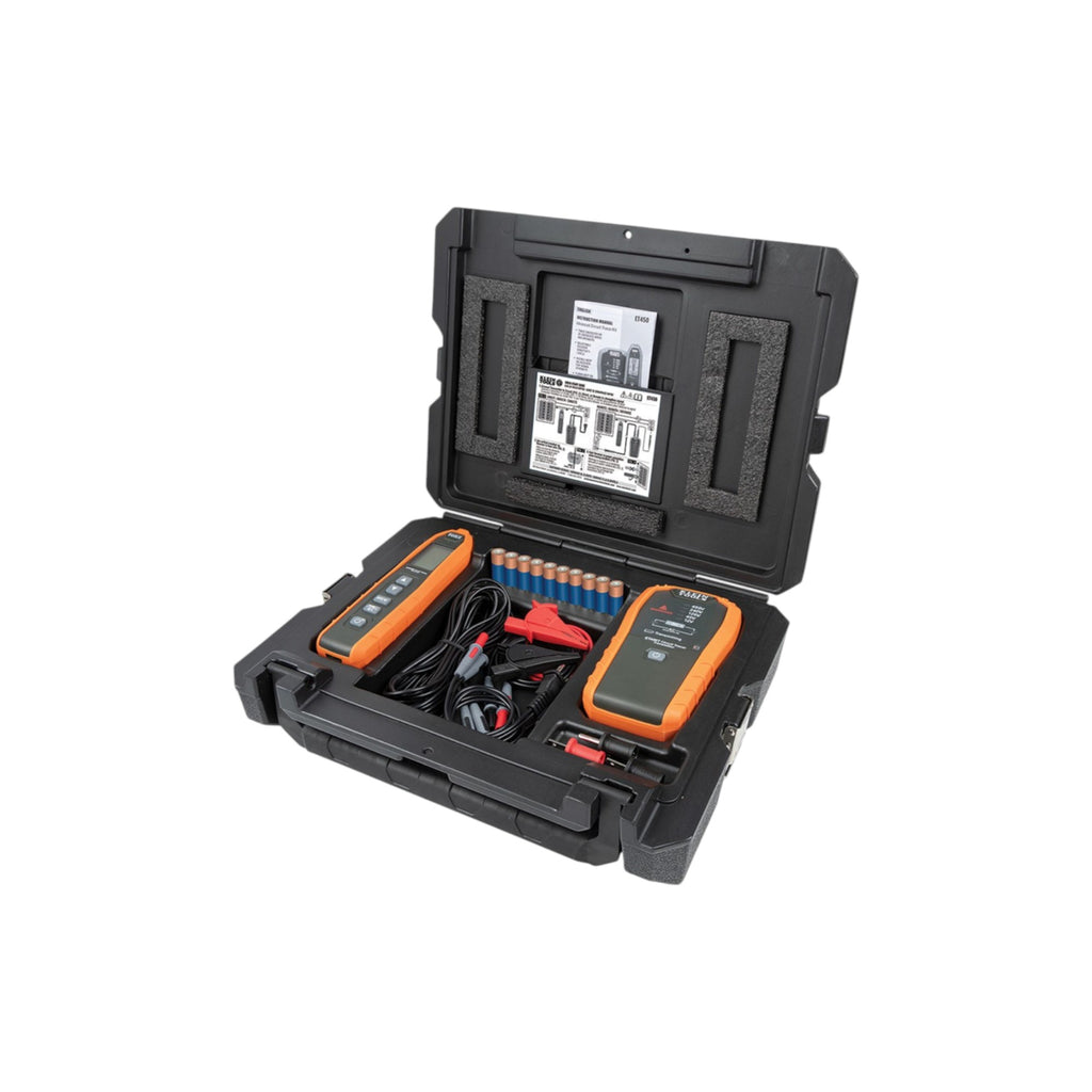 Black tool case with orange tools on a white background